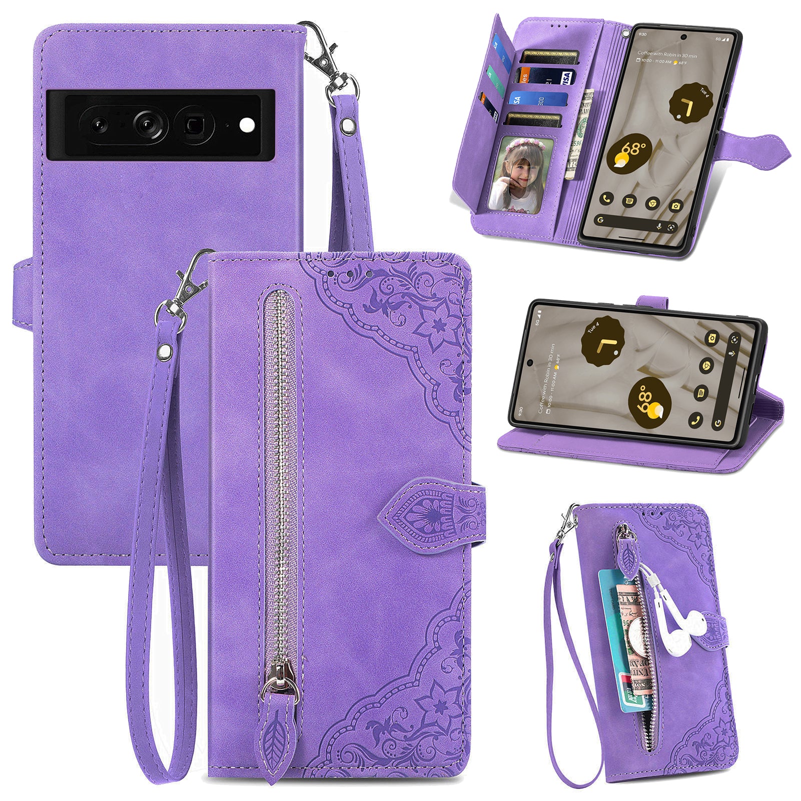 Protective Phone Cover For Google Pixel 7a Flower Imprinted Pattern PU Leather Zipper Pocket Drop-proof Phone Case with Wallet Stand Protective Phone Cover For Google Pixel 7a Flower Imprinted Pattern PU Leather Zipper Pocket Drop-proof Phone Case with Wallet Stand